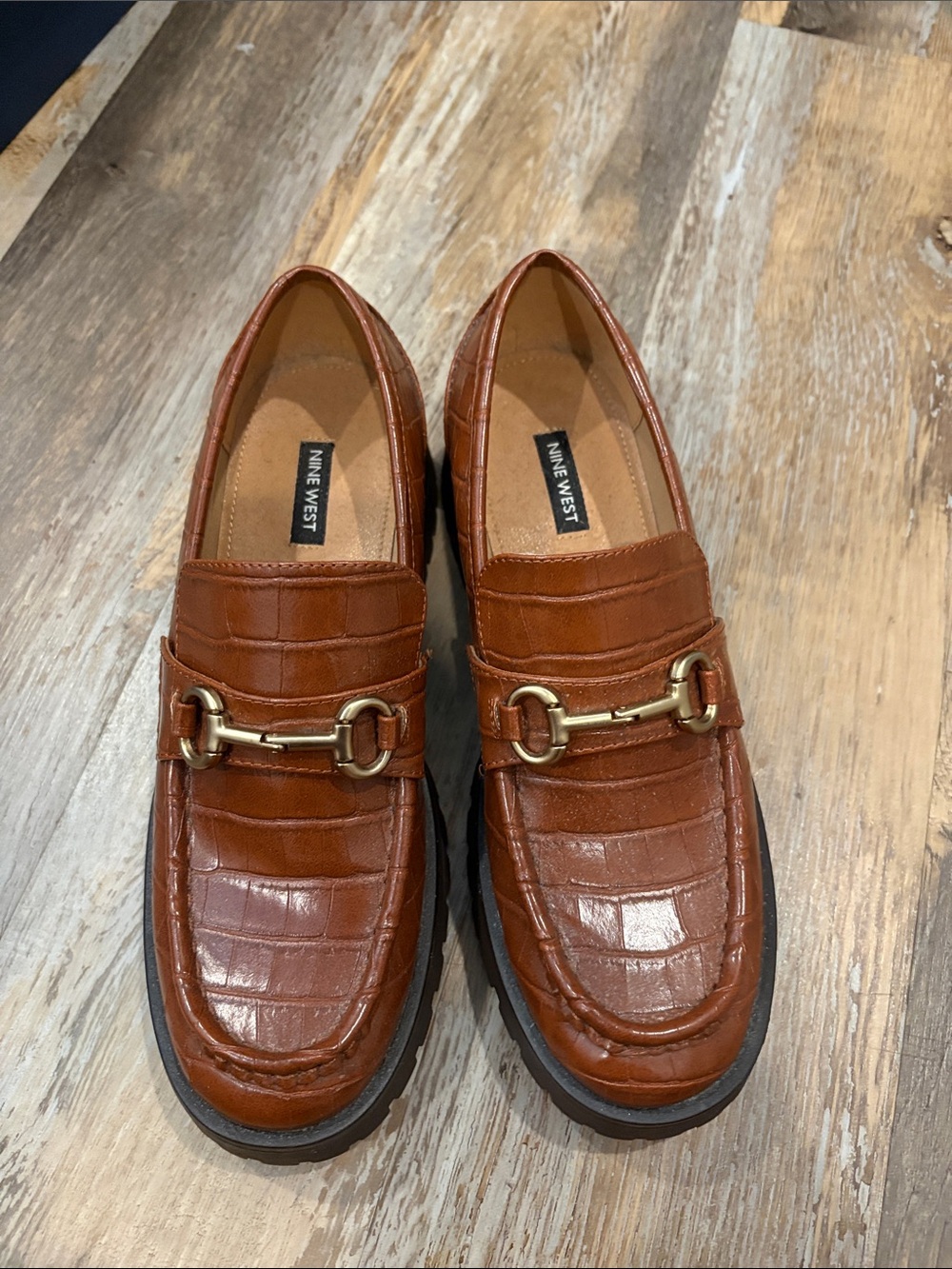 Nine West Men's Cognac Croc-Embossed Leather Loafers with Gold Bit